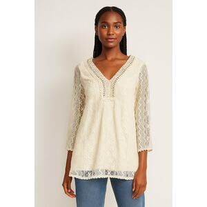 Style & Co Cream Lace Crochet Beaded Tunic Top Women’s Boho Peasant Romantic